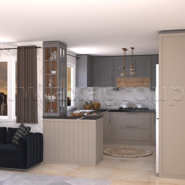 کابینت آشپزخانه نئوکلاسیک کرم طوسی