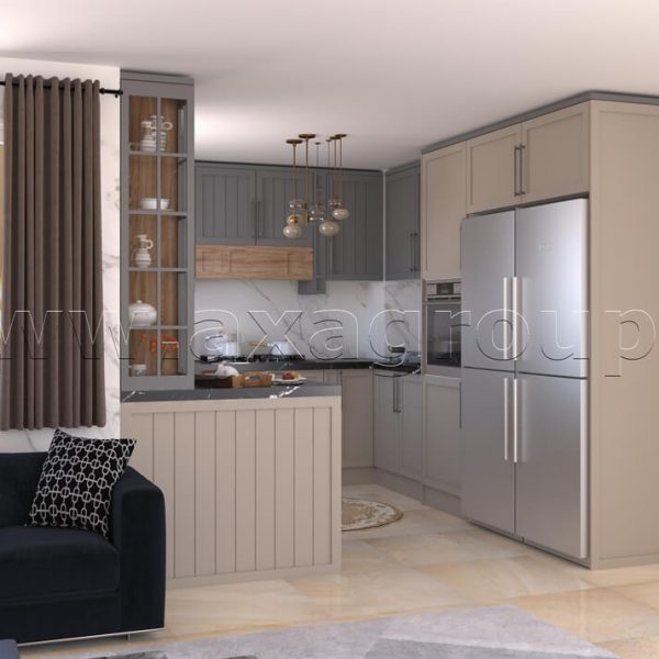 کابینت آشپزخانه نئوکلاسیک کرم طوسی