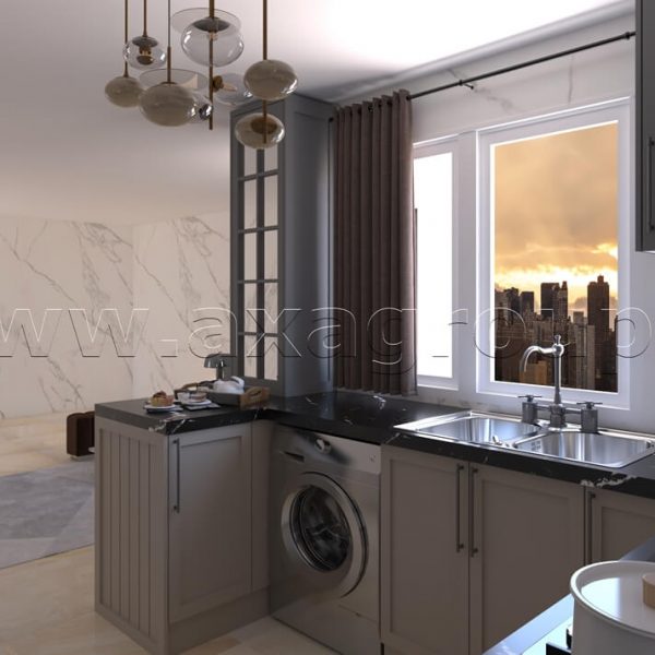 کابینت آشپزخانه نئوکلاسیک کرم طوسی