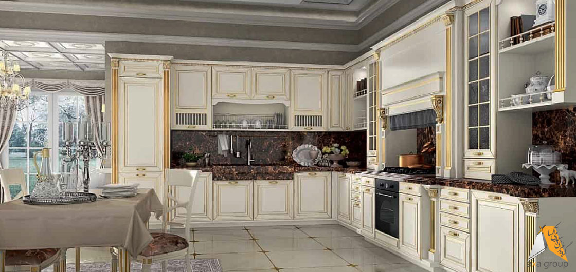 کابینت آشپزخانه سفید طلایی مات آکساگروپ