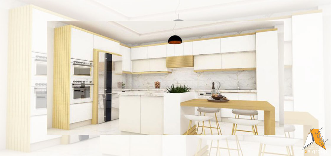 کابینت آشپزخانه سفید طلایی ساده آکساگروپ