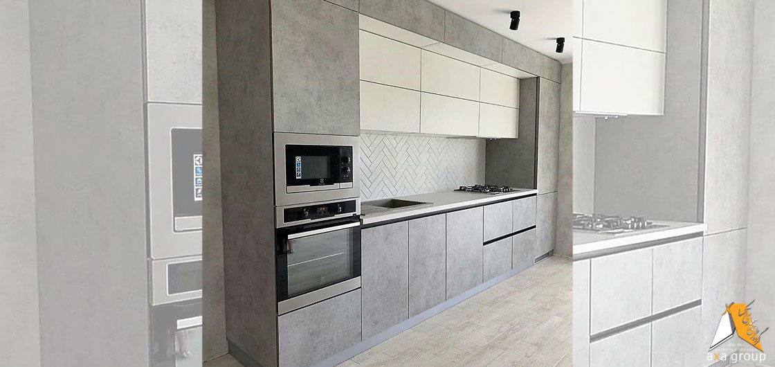 جدیدترین کابینت آشپزخانه سفید طوسی پلکانی آکساگروپ